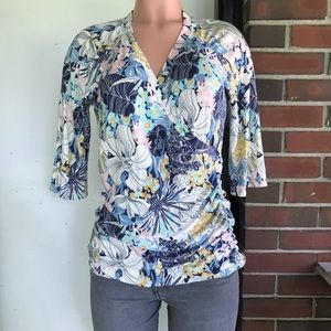 CAbi floral shirt faux wrap surplice top #401